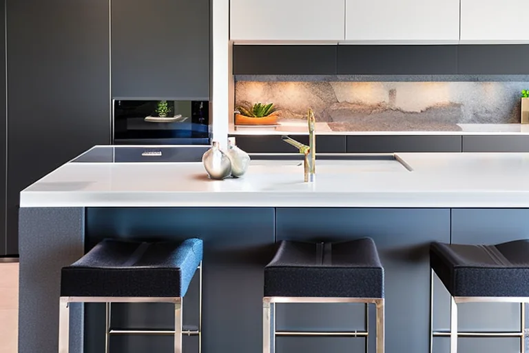 Elegante encimera de cocina de cuarzo blanco con diseño de borde en cascada