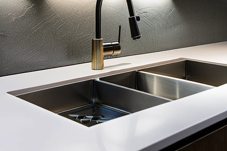 Expert installant un plan de travail en quartz avec des outils de précision dans une cuisine contemporaine