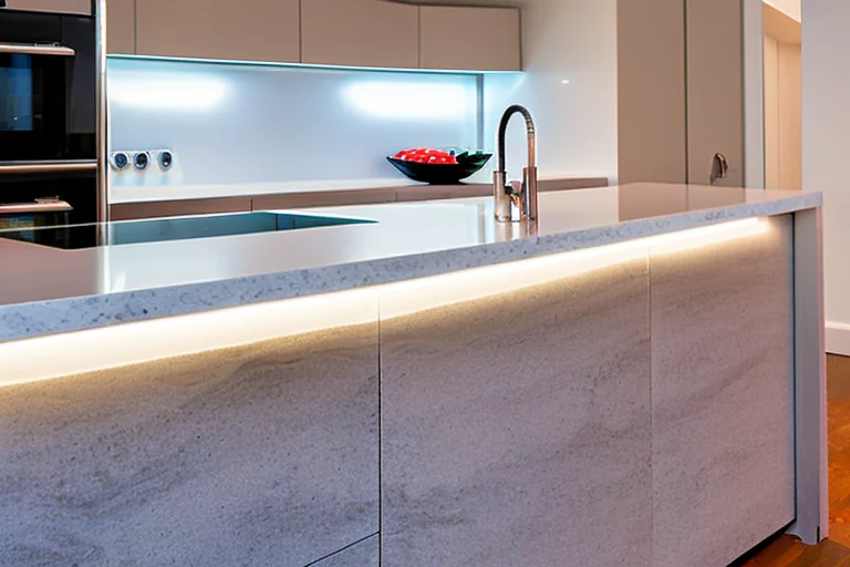 Una cocina contemporánea con una gran isla de cuarzo blanco y gabinetes azul oscuro, que muestra las tendencias de diseño de 2025.